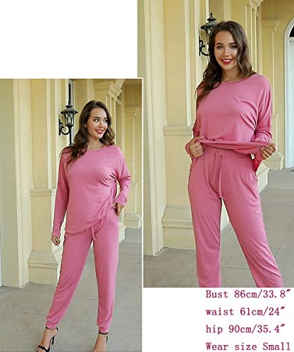 Fixmatti Womens 2 Piece Outfit Sweatsuit Cotton T-Shirt Long Pant Sport Set Pink L