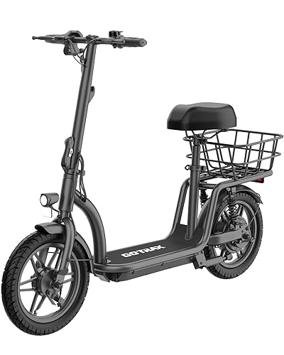 Gotrax ASTRO Electric Scooter with Seat, 14" Pneumatic Tire and 19 Miles Range&15.5Mph Power by 350W Motor, Comfortable Rear Dual Shock Absorption&Wider Seat, EBike with Carry Basket for Adult Black