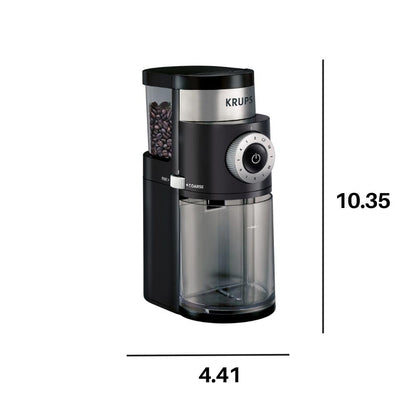 Krups Precise Stainless Steel Flat Burr Grinder 8oz, 32cups bean hopper 12 Grind from Fine to Coarse 110 Watts Removable Container, Drip, Press, Espresso, Cold Brew, 2,12 cups ground coffee Black