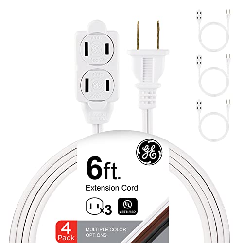 GE 3-Outlet Extension Cord with Multiple Outlets 6 Ft Extension Cord Power Strip 4 Pack 16 Gauge Twist-to-Close Safety Outlet Covers Outdoor Extension Cord Outlet Extender UL Listed White 50365