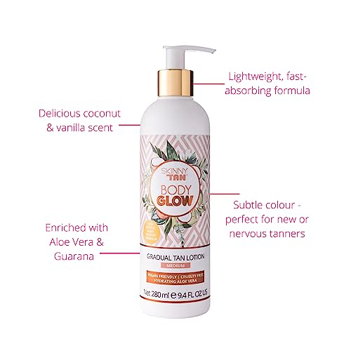 Skinny Tan Body Glow Gradual Tan Lotion - Lightweight, Fast-Absorbing Formula - Coconut and Vanilla Scent - Enriched with Aloe Vera and Guarana - Natural, Streak Free Gold Color - Medium - 9.4 oz