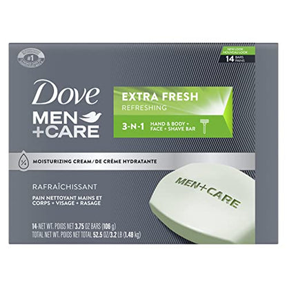 Dove Men+Care Bar 3 in 1 Cleanser for Body, Face, and Shaving to Clean and Hydrate Skin Extra Fresh Body and Facial Cleanser More Moisturizing Than Bar Soap 3.75 oz 14 Bars