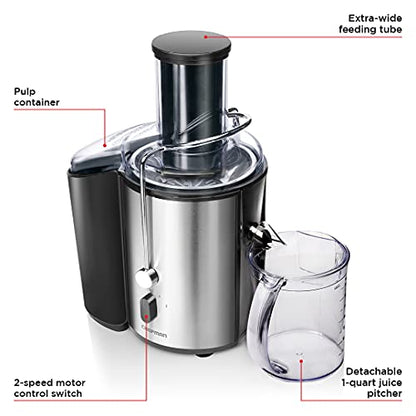 Chefman 2-Speed Electric Juicer, Extra-Wide Feeding Tube for Whole Fruits, Make Nutritious Vegetable and Green Juice, Detachable 1-Quart Pitcher, Built-in Foam Separator, Dishwasher-Safe Parts