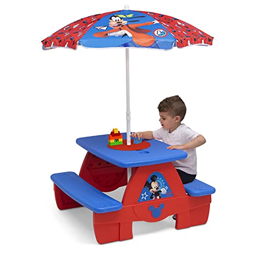 Disney Mickey Mouse 4 Seat Activity Picnic Table with Umbrella and Lego Compatible Tabletop by Delta Children, 32.5 in x 34.25 in x 53.5 in