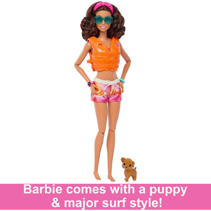 Barbie Doll with Surfboard and Puppy, Poseable Brunette Barbie Beach Doll