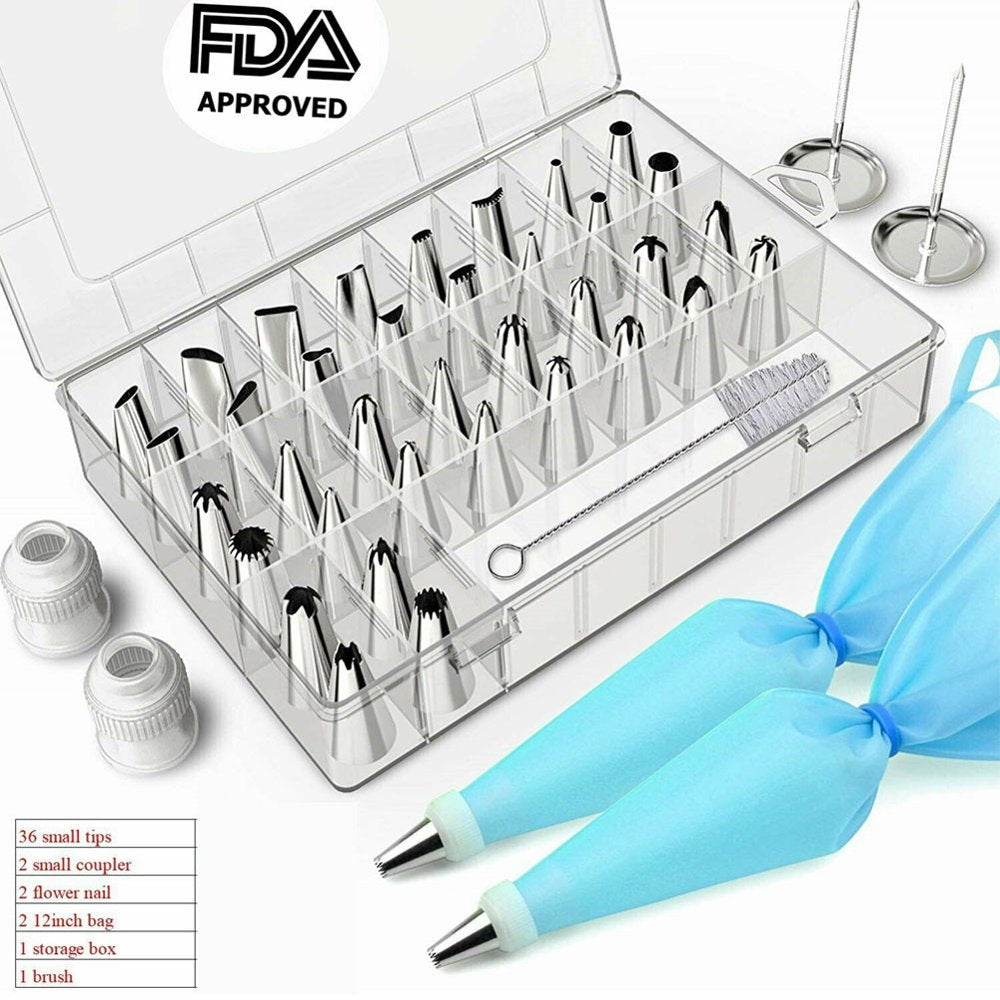 42Pcs Cake Decorating Supplies Set Baking Supplies Kit,36 Icing Tips + 2 Silicone Pastry Bag + 2 Flower Nails + 2 Reusable Plastic Couplers Frosting Tools Piping Tips Set