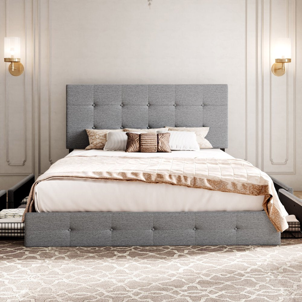 Allewie Light Grey Queen Platform Bed Frame with 4 Drawers Storage and Square Stitched Button Tufted Upholstered Headboard