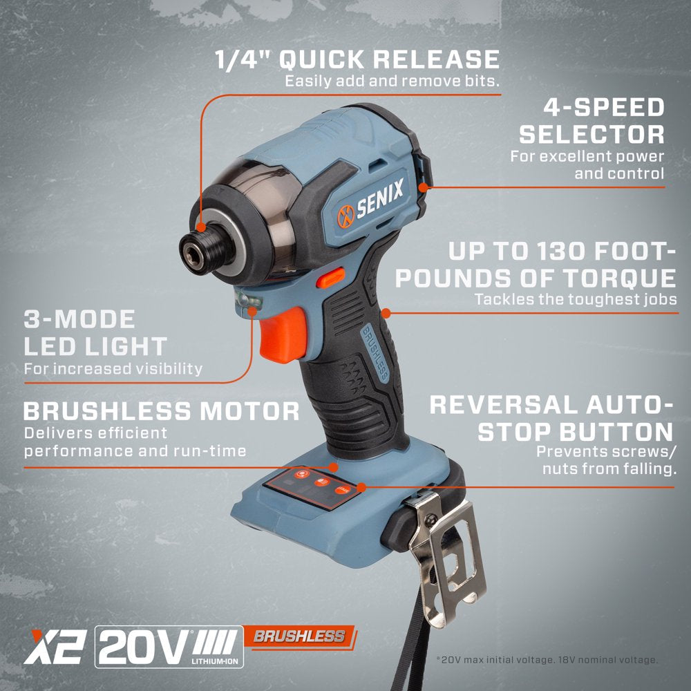 SENIX 20 Volt Max* 2-Tool Cordless Brushless Combo Kit, 1/2-Inch Drill Driver & 1/4-Inch Impact Driver (2 x Batteries and 1 x Charger Included), S2K2B2-01