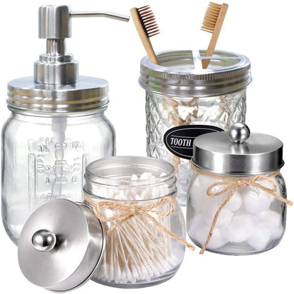  Mason Jar Bathroom Accessories Set (4PCS) - Lotion Soap Dispenser,Toothbrush Holder,2 Apothecary Jars- Rustic Farmhouse Decor (Black)