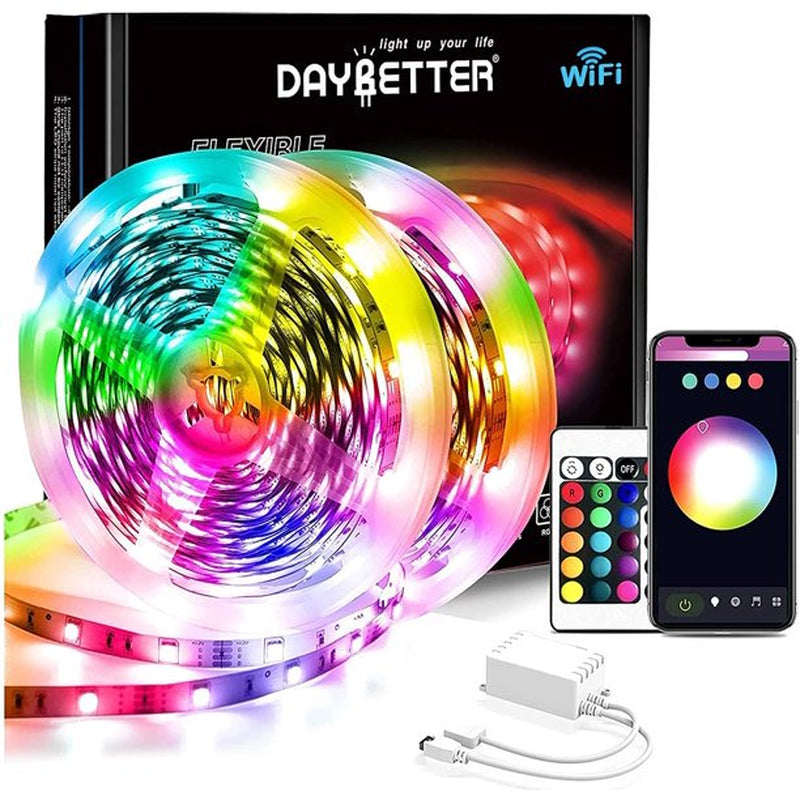 DAYBETTER 50Ft LED Strip Lights,Rgb 5050 LED Lights Work with Google Assistant, Flexible, Timer Schedule,Color Changing Light Strips for Bedroom