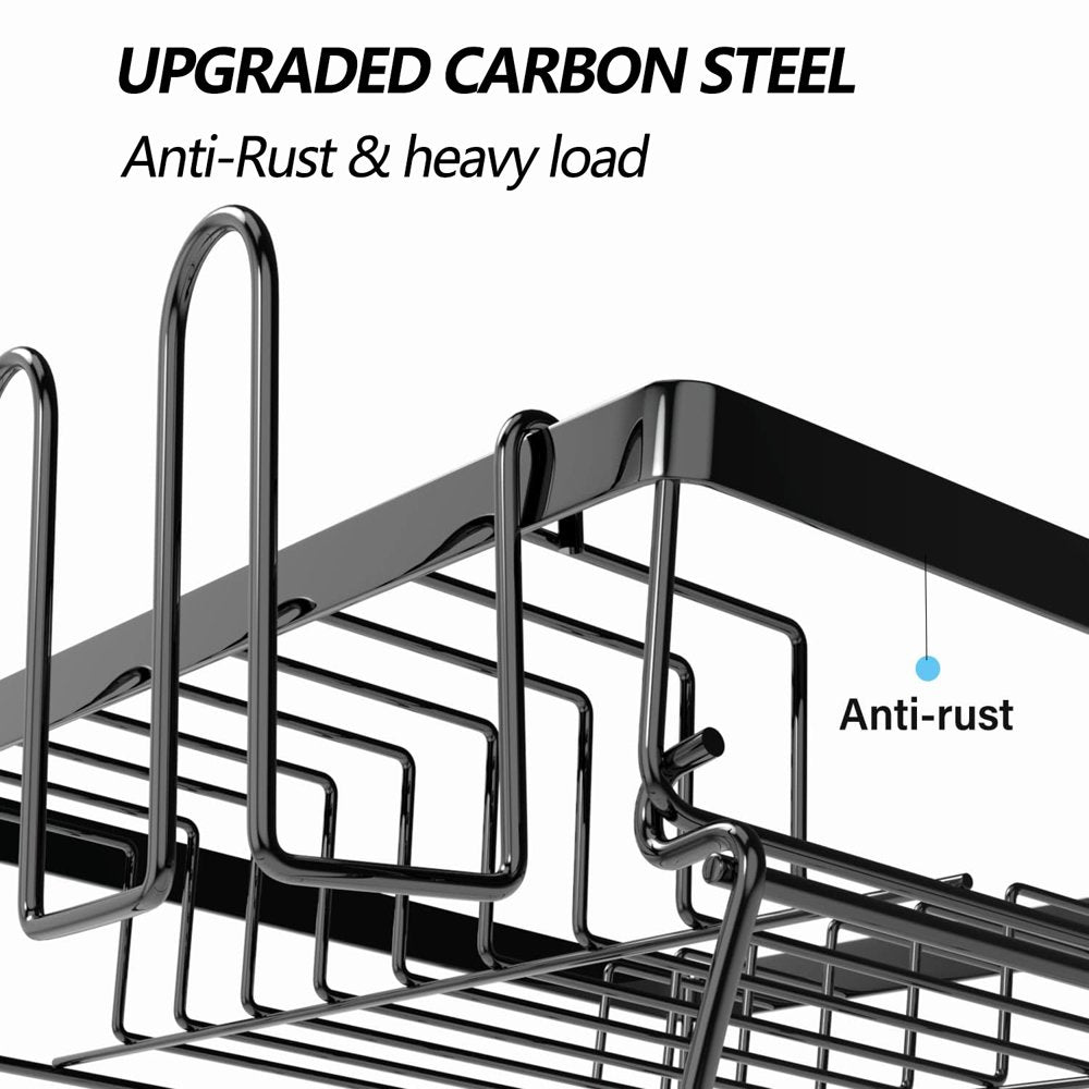 PHANCIR Dish Drying Rack for Kitchen Counter with Drainboard, Detachable Stainless Steel 2 Tier Large Dish Racks Drainer Sink Organizer with Utensils Holder and Cup Holder, Black