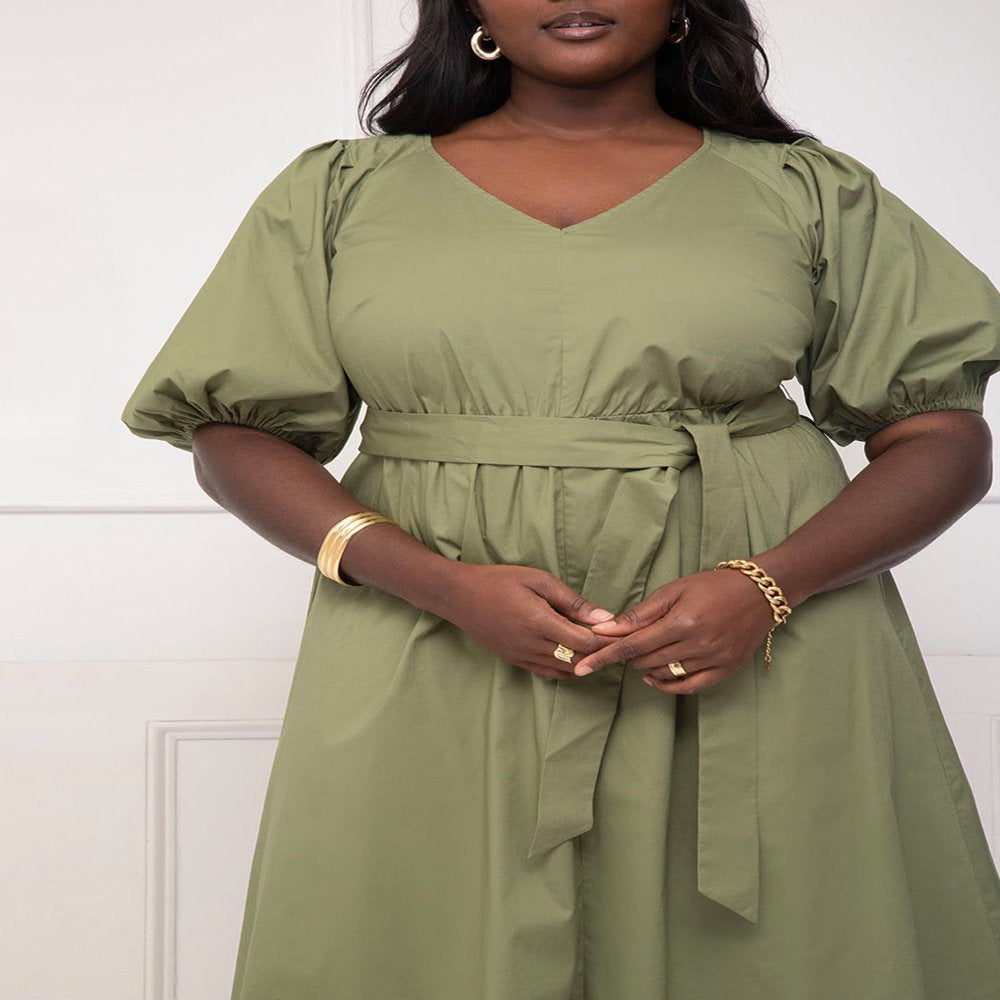  Women'S plus Size Puff-Sleeve Belted Midi Dress