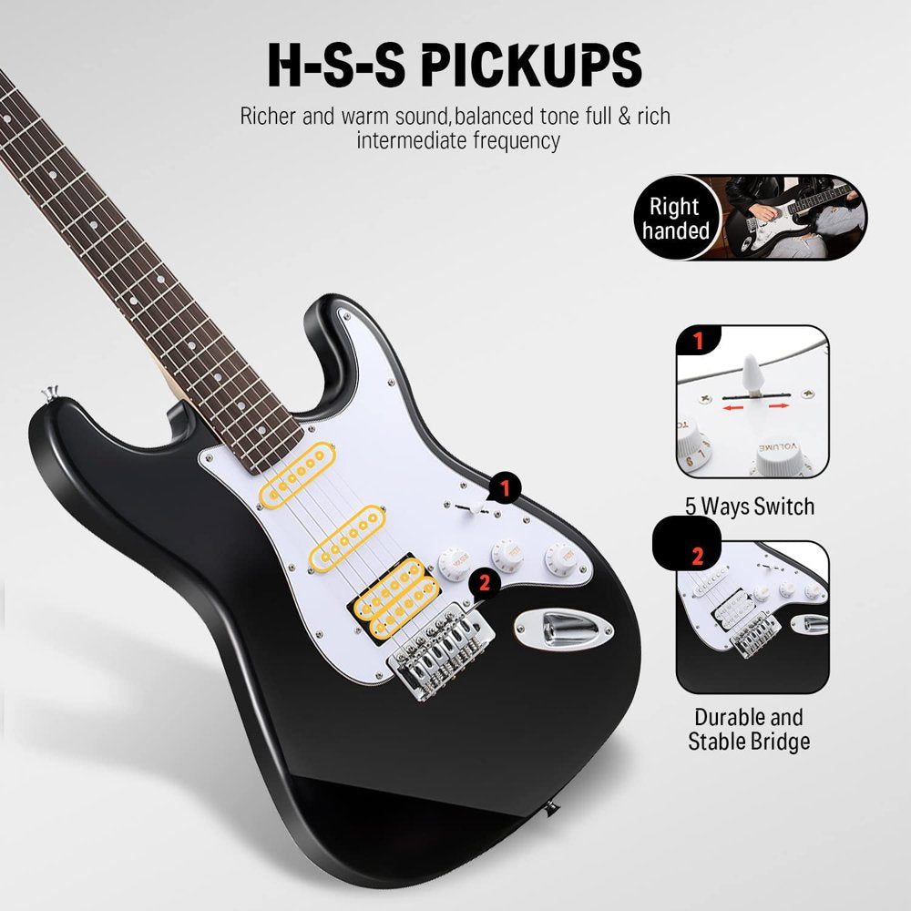  39" Electric Guitar Beginner Kit Solid Body Full Size HSS for Starter, with Amplifier, Bag, Digital Tuner, Capo, Strap, String, Cable, Picks, Black