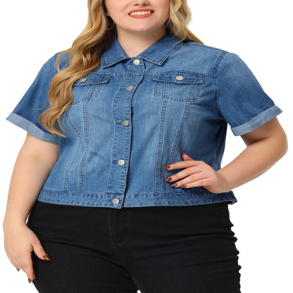  Plus Size Fall Button Down Crop Jean Trucker Denim Jacket