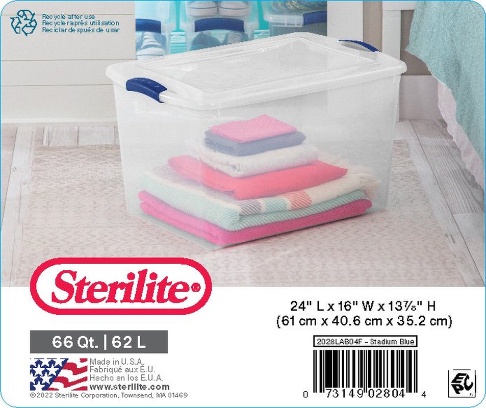 Sterilite 66 Qt. Clear Plastic Latch Box, Blue Latches with Clear Lid