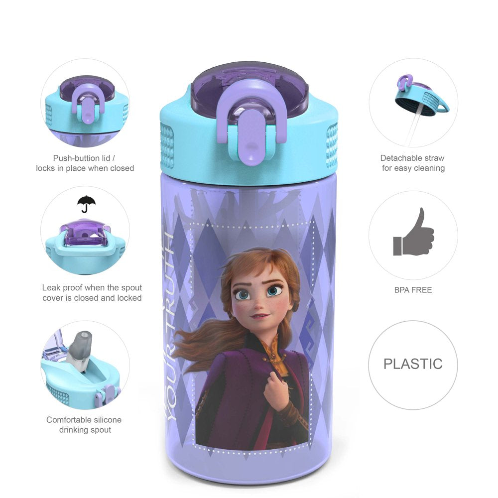 Zak Designs 2pc 16 oz Disney Kids Water Bottle Plastic with Push-Button Spout and Locking Cover, Frozen Anna Elsa