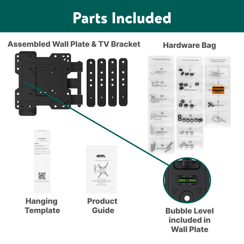 onn. Full Motion TV Wall Mount for 19" to 50" TVs, up to 15° Tilting