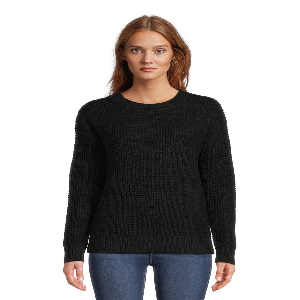 Time and Tru Women's Long Sleeve Waffle Crewneck Pullover Sweater