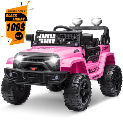 Clovercat 12V Ride On Toys Battery-Operated Jeep Car for Kids, Electric Powered Toy Truck, with Parent Remote Control, LED Lights, Bluetooth Music and Spring Suspension, Pink