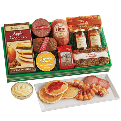 The Swiss Colony Christmas Breakfast Box - Apple Cinnamon Pancake Mix, Ham Summer Sausage, Hickory Smoked Bacon, Strawberry Preserves, Coffee, and More