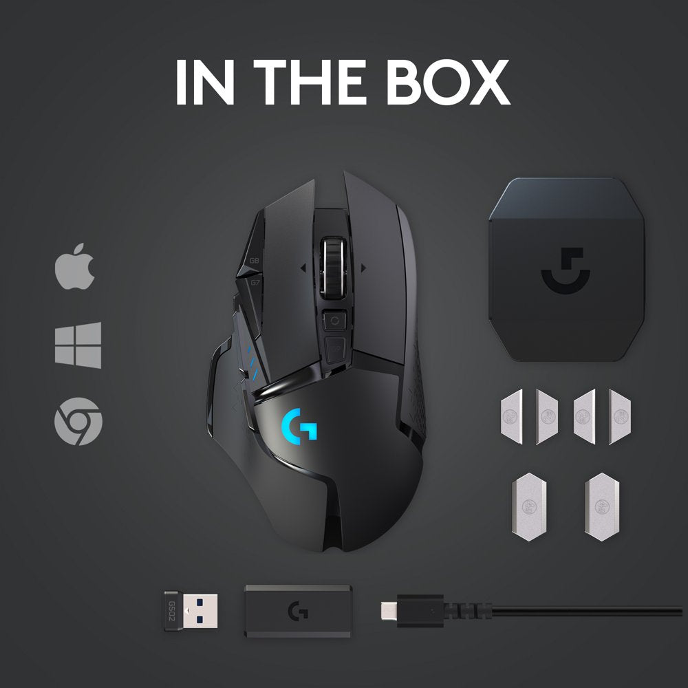 Logitech G502 LIGHTSPEED Wireless Gaming Mouse, HERO 25K Sensor, 25,600 DPI, RGB, Adjustable Weights, 11 Programmable Buttons, Long Battery Life, On-Board Memory, PC / Mac