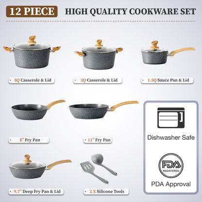 Sophia & William 12 Pieces Kitchen Nonstick Granite-Coated Cookware Set - Bgrey