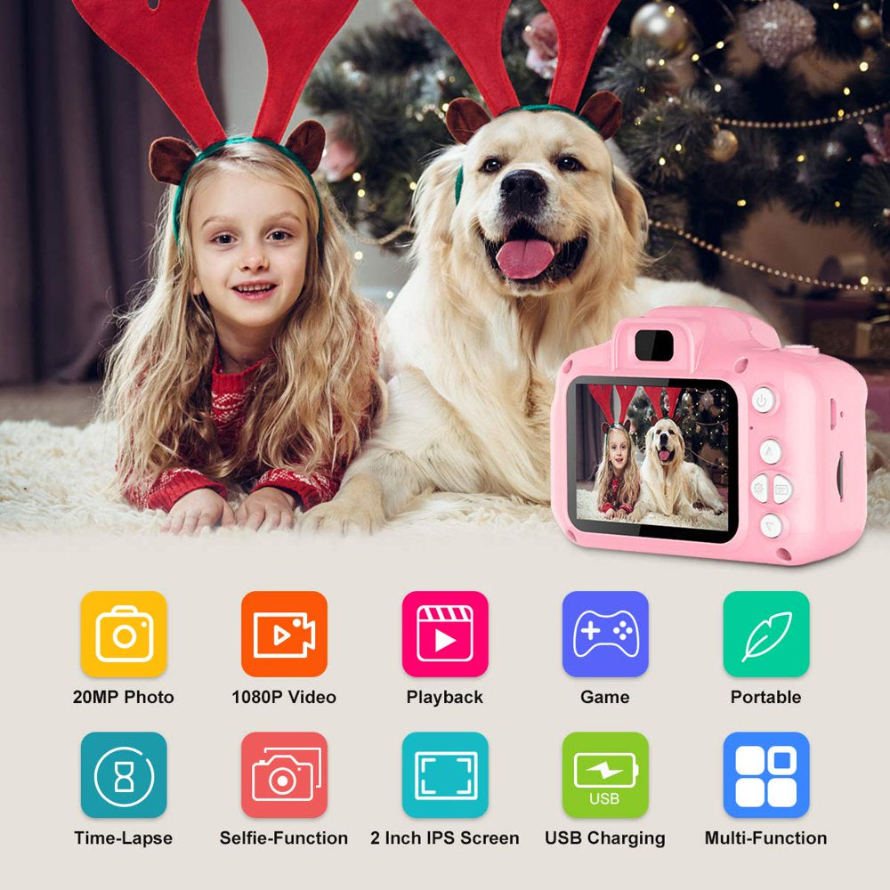 PayUSD Kids Selfie Camera for Kids 1080HD 20MP Digital Camera for Boys Toddler Girl Toys, Christmas Birthday Gift for Age 3 4 5 6 7 8 9 10 Year Old with 32GB SD Card, Pink