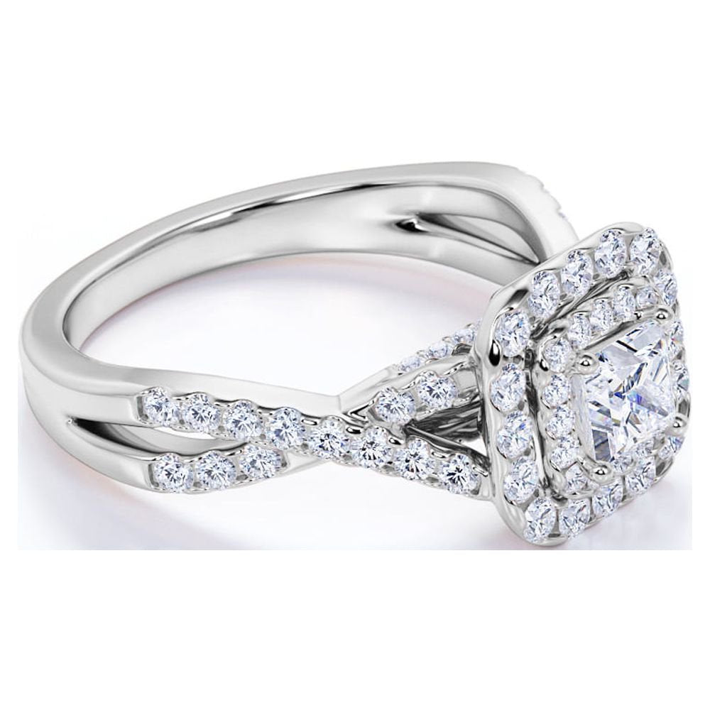 Elegant 1 Carat - Square Cut Diamond - Twisted Band - Pave - Double Halo Engagement Ring - 10K White Gold