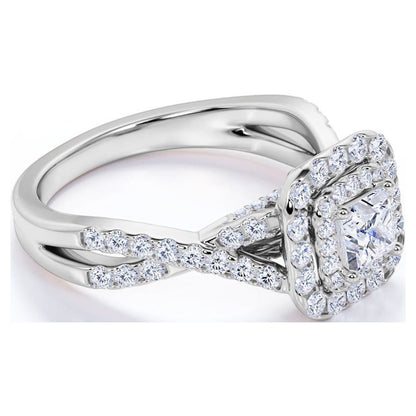 Elegant 1 Carat - Square Cut Diamond - Twisted Band - Pave - Double Halo Engagement Ring - 10K White Gold