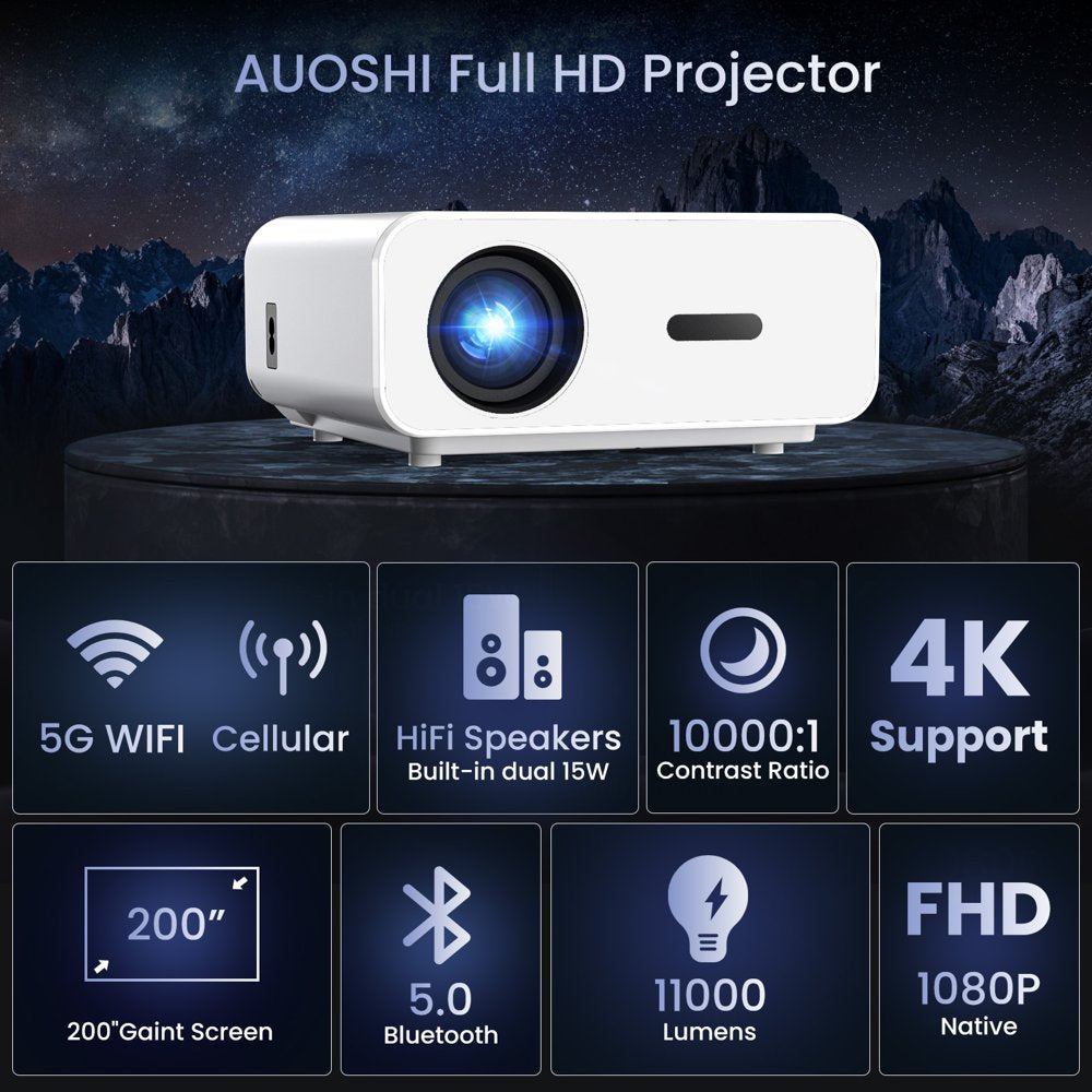 AUOSHI Projector with WiFi and Bluetooth, 5G WiFi Native 1080P 11000LM 4K Supported, Smart Portable Outdoor Projector w/Hdmi 200'' Display for Home Theater