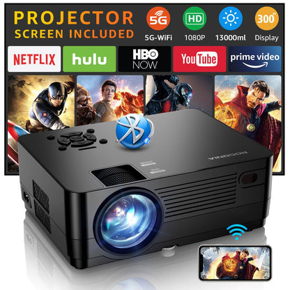  5G WiFi Bluetooth Native 1080P Projector, 13000LM Full HD Movie Projector, LCD Technology 300" Display Support 4k Home Theater,(Projector Screen Included)