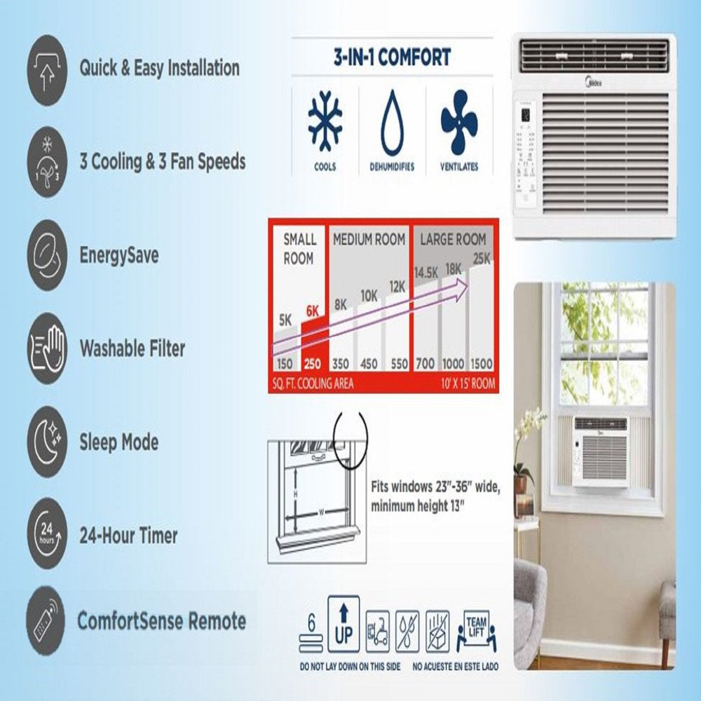 Midea 6,000 BTU 115V Window Air Conditioner with Comfort Sense Remote, White, MAW06R1WWT