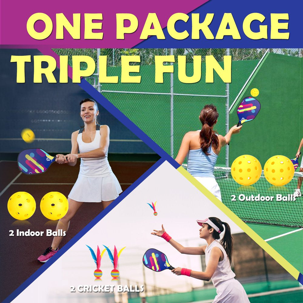  Wood Pickleball Paddles Set of 4 with Mesh Bag, 4 Pickleballs (Indoor/Outdoor) and 2 Cricket Balls, Classic 9-Ply Basswood Wooden Pickleball Rackets with Safe Edge Guard, Cushion Grip