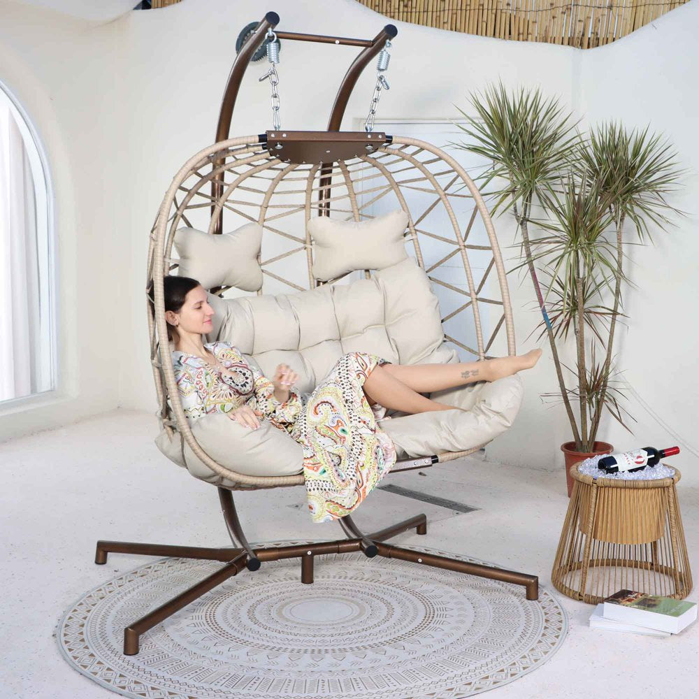 Nicesoul Foldable Wicker Hanging Egg Chair with Stand and Cover, Beige 350 Lbs Maximum Weight