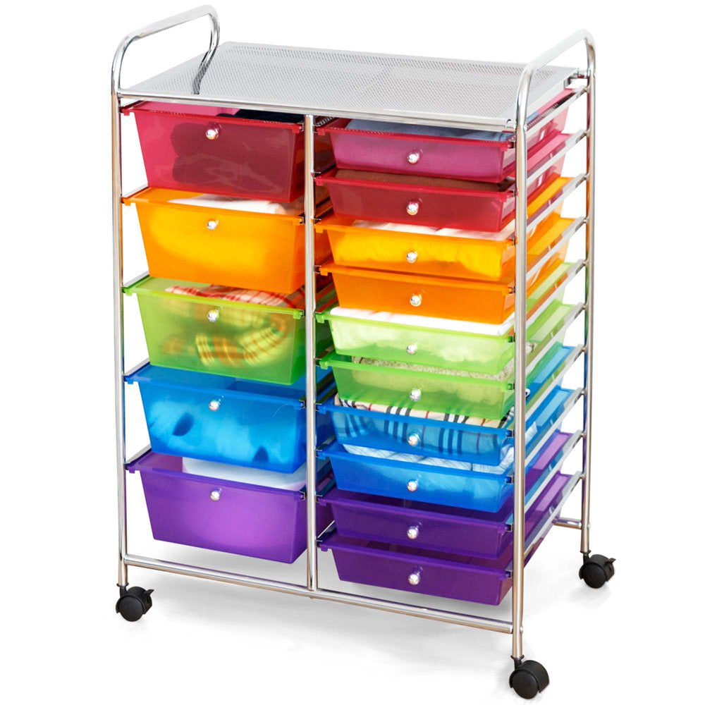 Costway 15 Drawer Rolling Storage Cart Tools Scrapbook Paper Office School Organizer Colorful