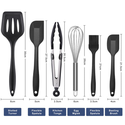 Silicone Kitchen Utensil Set, 6 Pieces Cooking Utensils, Black, BPA Free