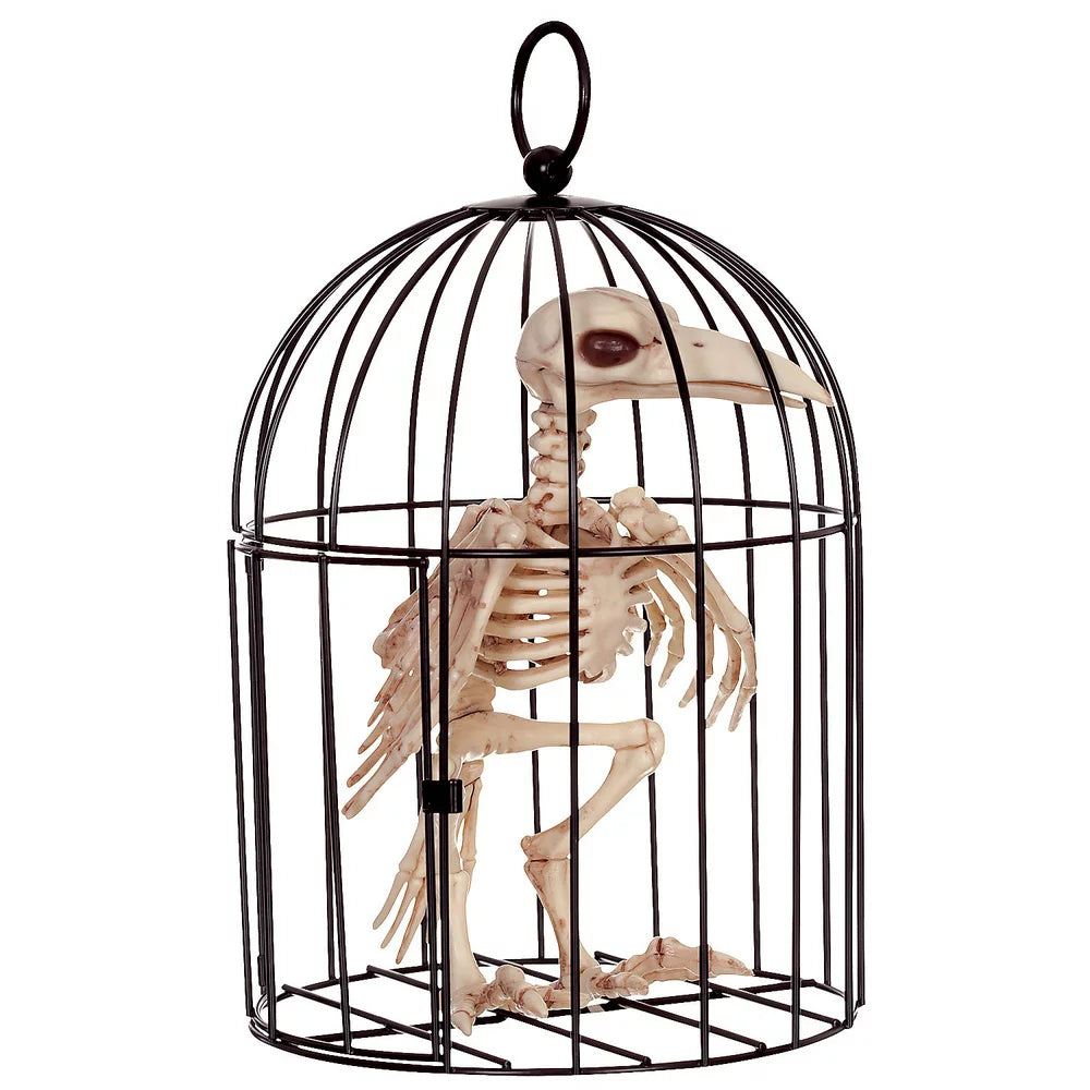 Halloween Express 9.5" Skeleton Crow in a Cage Halloween Decoration