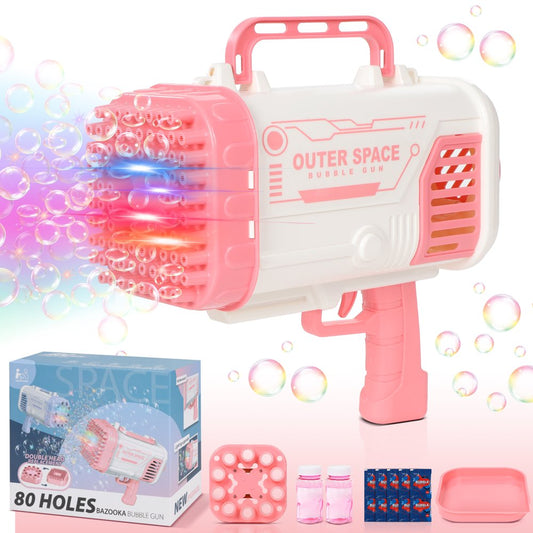 Bubble Machine,80 Holes Bubble Blowing Toys with Replaceable Nozzles,2 Bubble Solution and Colorful Lights,Bubble Toys Outdoor Birthday Wedding Party(Pink & White)