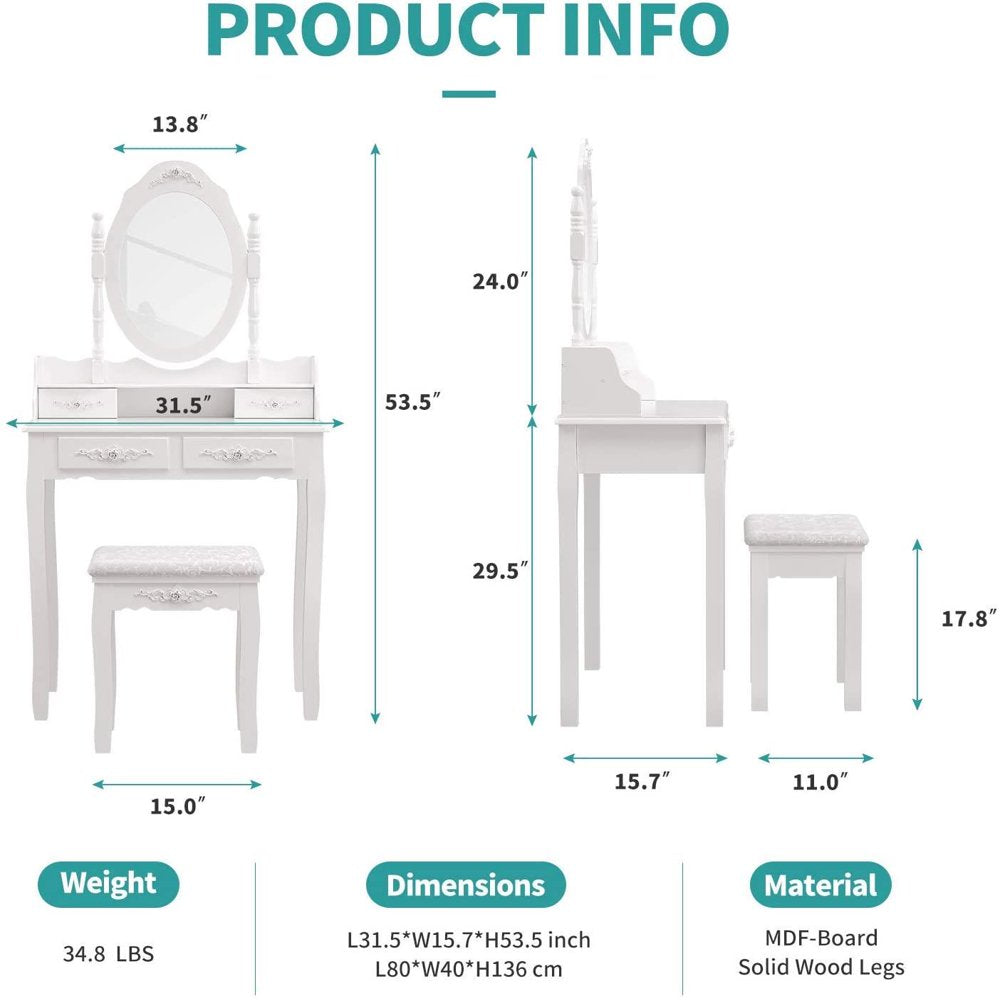 Ktaxon Elegance White Dressing Table Vanity Table and Stool Set Wood Makeup Desk with 4 Drawers & Mirror