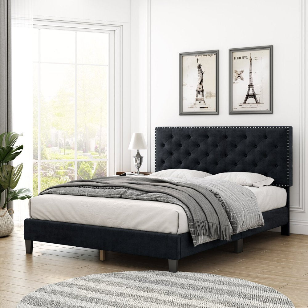 Homfa Full Size Bed, Modern Upholstered Platform Bed Frame with Adjustable Headboard for Bedroom, Black