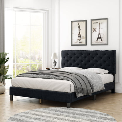 Homfa Full Size Bed, Modern Upholstered Platform Bed Frame with Adjustable Headboard for Bedroom, Black