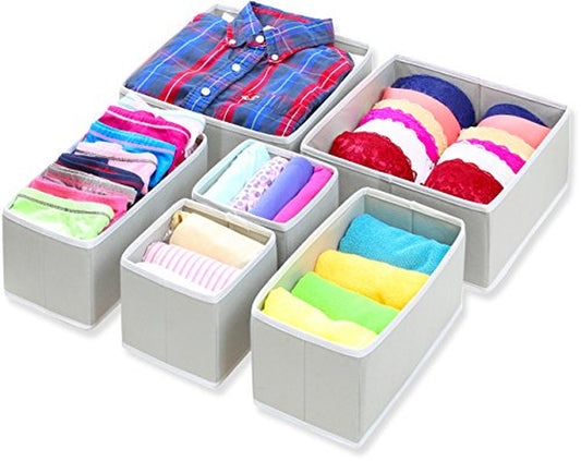 Foldable Cloth Storage Box Closet Dresser Drawer Divider Organizer Basket Bins for Underwear Bras, Gray (Set of 6)