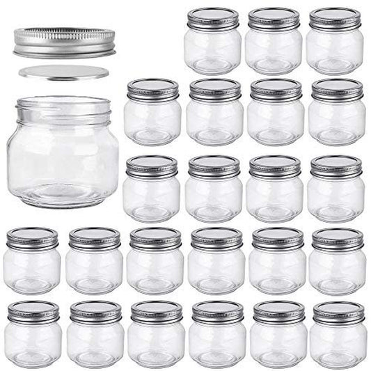 Betrome 8 oz Glass Mason Jars, 24 Pack 240ml Canning Jars with Regular Mouth Lids, Glass Jars Storage Containers for Overnight Oats, Jam, Jelly, Honey, Beans, Spice, Wedding Party Favor, Shower Favor