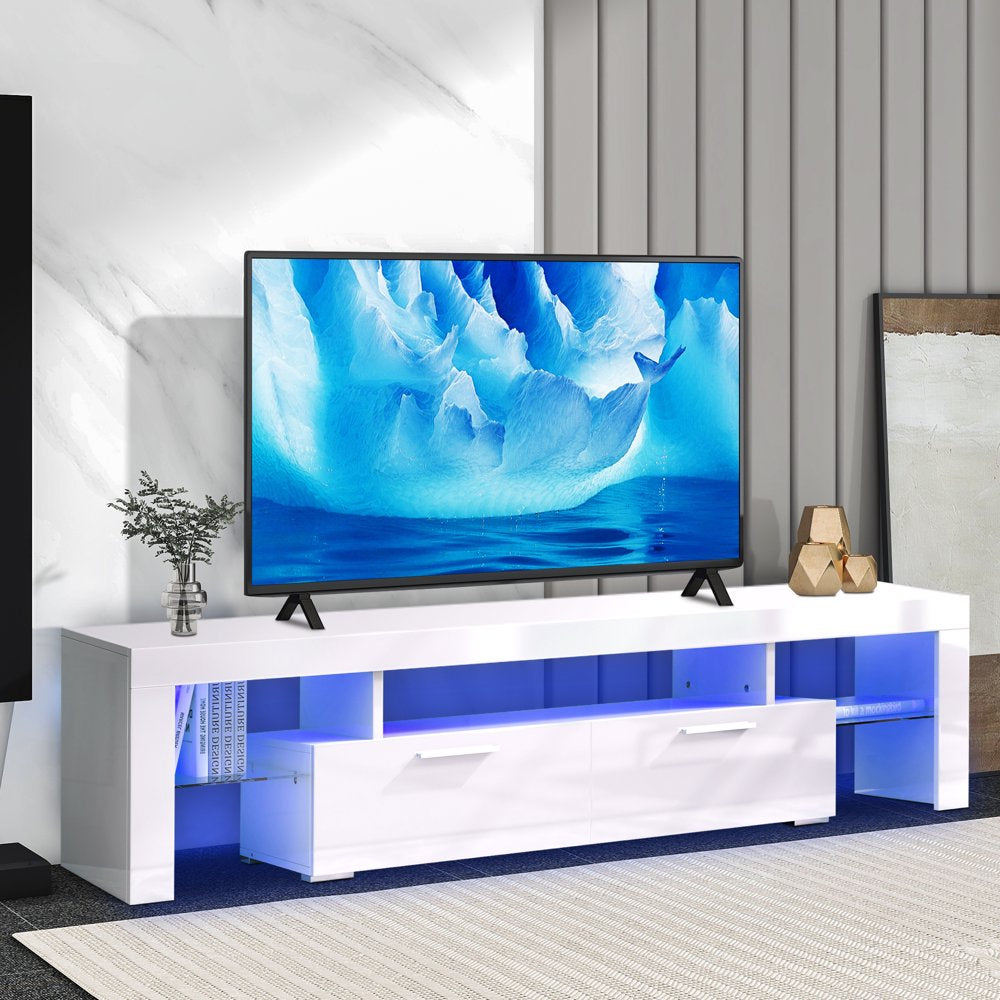 Uhomepro TV Stand for Tvs up to 70", Living Room Entertainment Center with RGB LED Lights and Storage Shelves Furniture, White High Gloss TV Cabinet Console Table