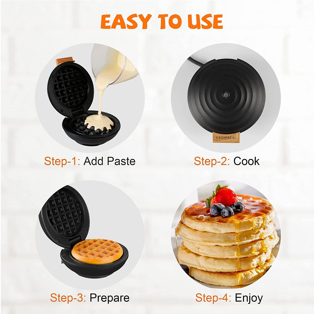CROWNFUL Mini Waffle Maker Machine, 4 Inches Portable Small Compact Design, Non-Stick, Black