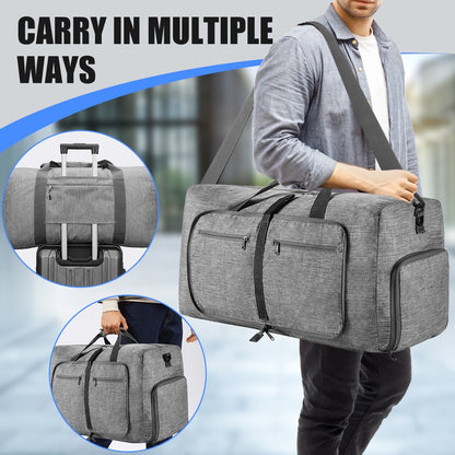 Travel Duffel Bag for Men, 65L Foldable Duffle Bags with Shoes Compartment, Overnight Bag for Men Women Waterproof & Tear Resistant (Gray)