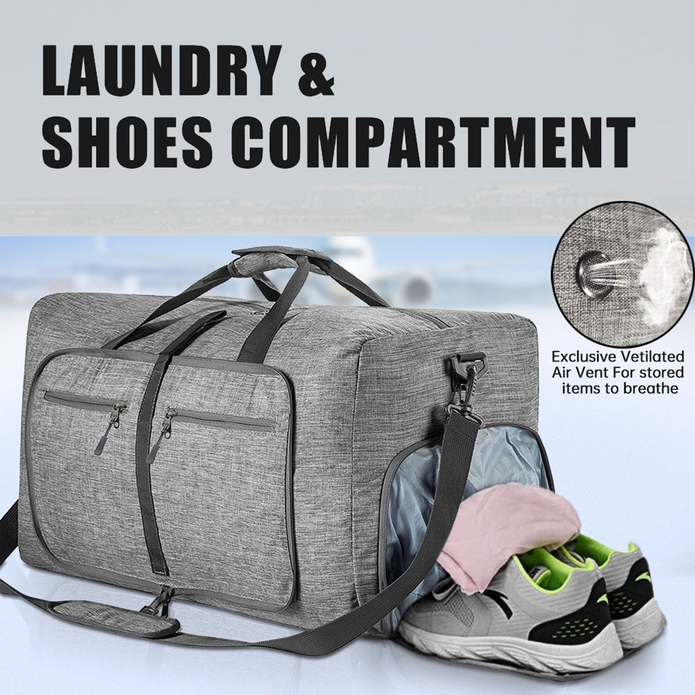 Travel Duffel Bag for Men, 65L Foldable Duffle Bags with Shoes Compartment, Overnight Bag for Men Women Waterproof & Tear Resistant (Gray)