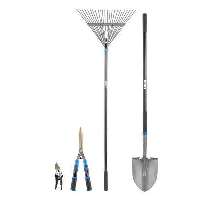 HART Garden Tool Starter Kit - Digging Shovel, Leaf Rake, Hedge Shears, 5/8" Bypass Hand Pruner