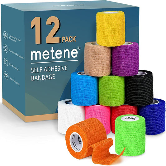 Metene Adhesive Bandages 12 Pack, Athletic Tape 2 inches x 5 Yards(Rainbow)