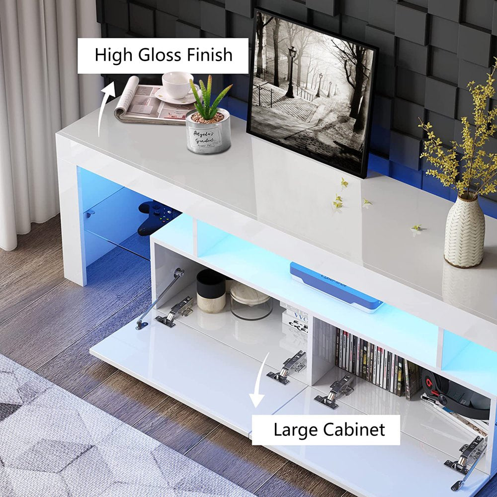 Uhomepro TV Stand for Tvs up to 70", Living Room Entertainment Center with RGB LED Lights and Storage Shelves Furniture, White High Gloss TV Cabinet Console Table